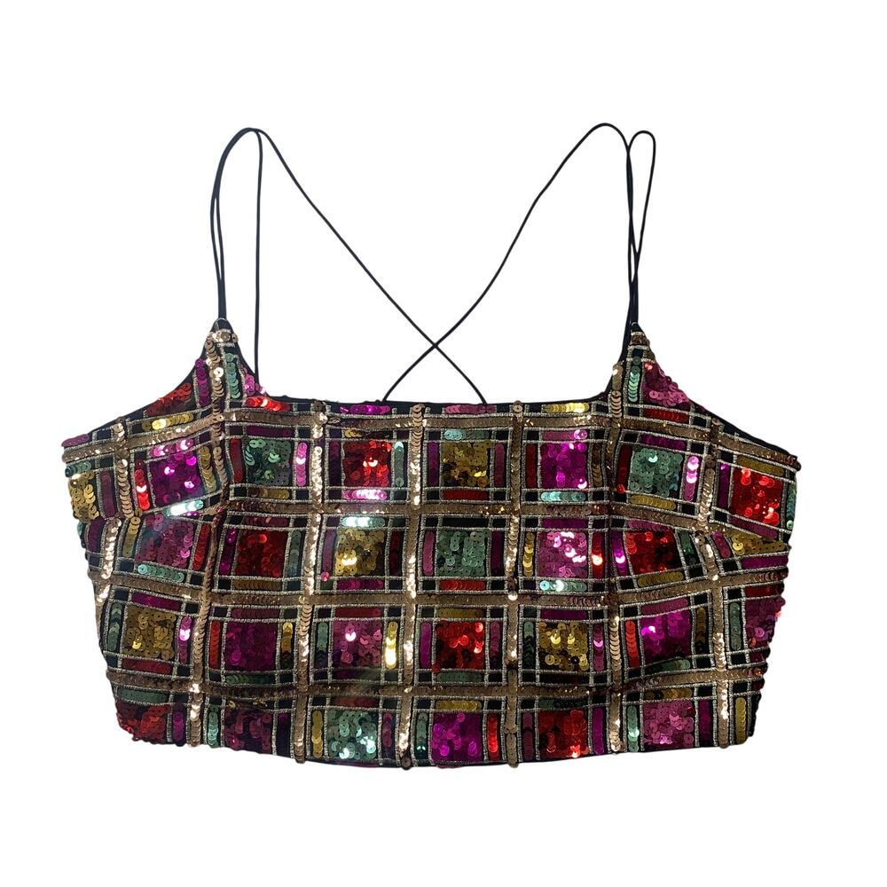 Anthropologie Top Women 16 Black Sequins Geometric Grid Deco Cropped Crisscross
